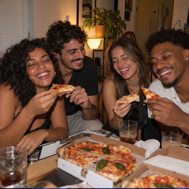 Amigos reunidos para comer pizza — cena fictícia