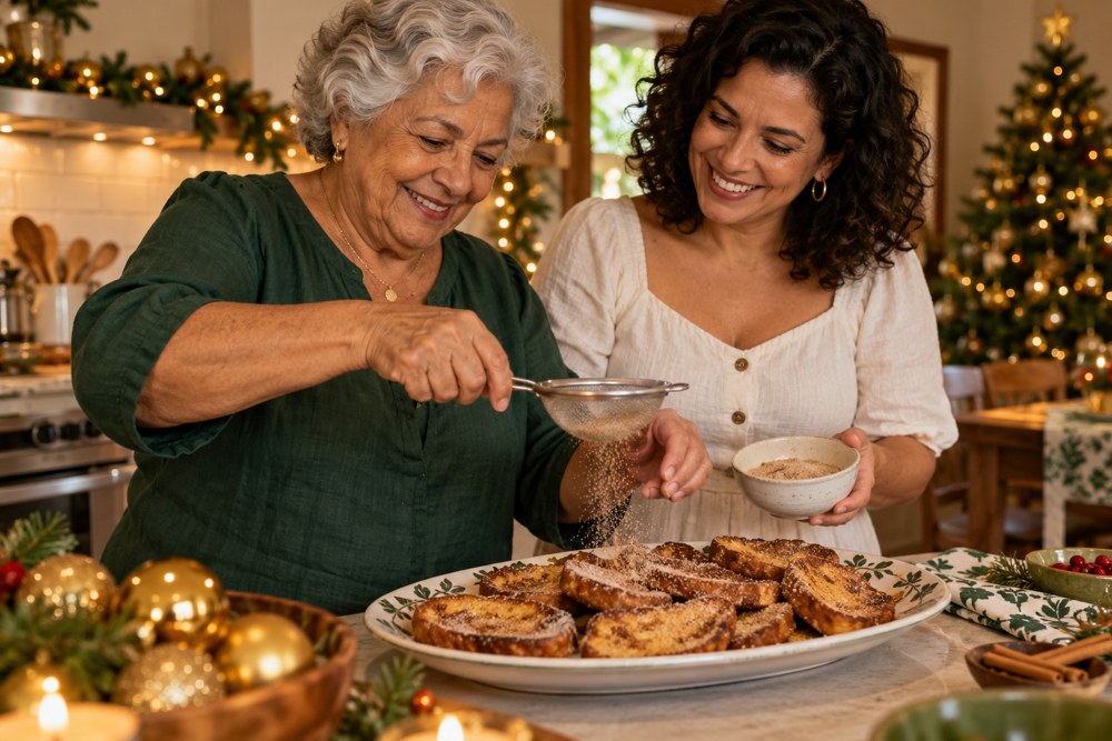 Lúcia e Ana preparando rabanadas — imagem fictícia