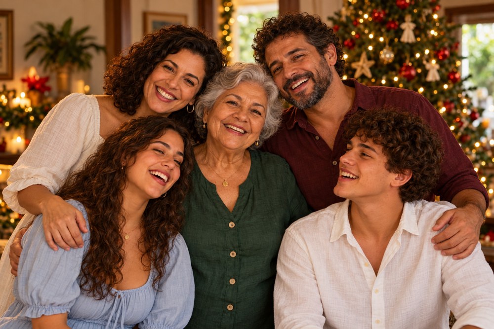 Lúcia, Ana, Pedro, Clara e Lucas reunidos em 2026 — família fictícia